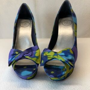 Artsy Watercolor Blues/Green Floral Platform 5”Heels Mermaid Vibe PeepToe & Bows